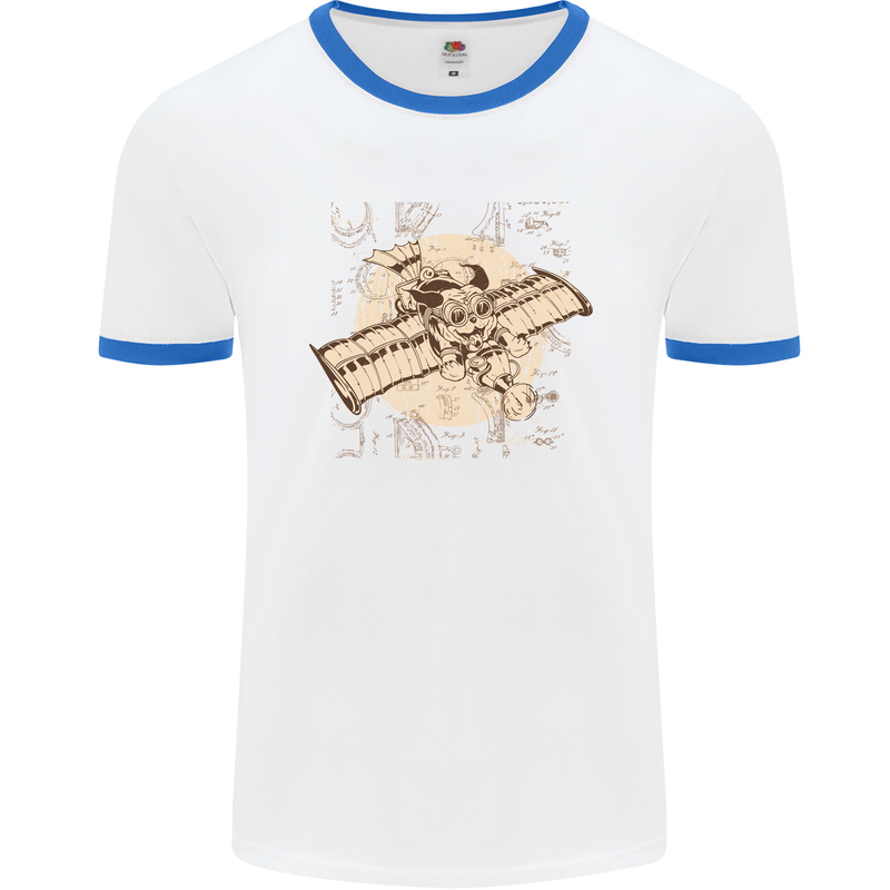 Flying Steampunk Dog Mens White Ringer T-Shirt White/Royal Blue