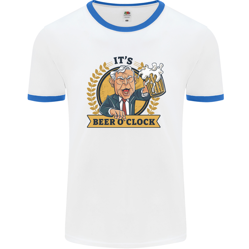 It's Beer O'Clock Funny Alcohol Mens White Ringer T-Shirt White/Royal Blue