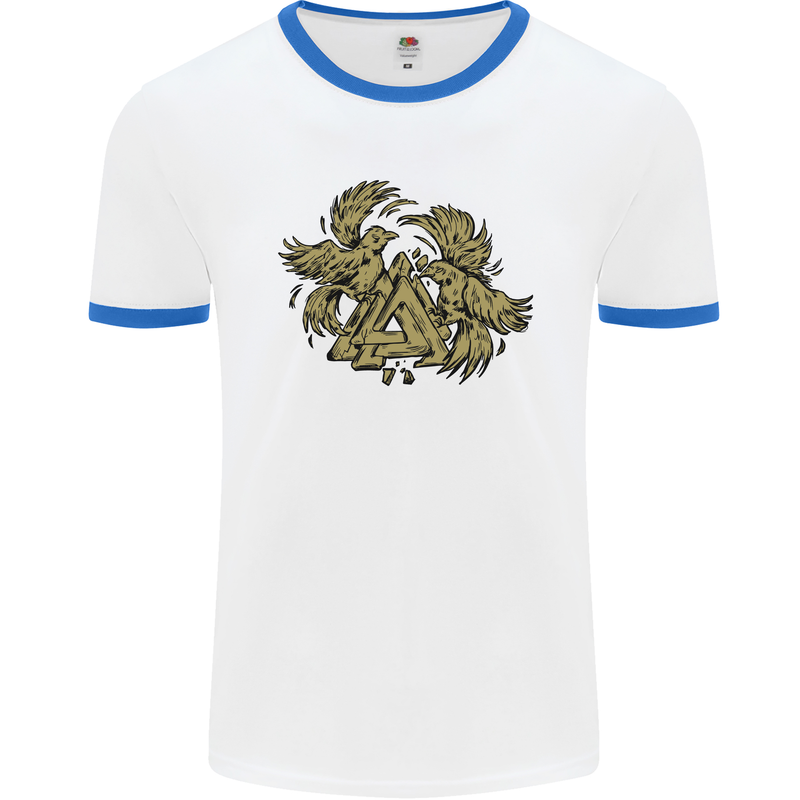 Valknut Symbol With Ravens Vikings Mens White Ringer T-Shirt White/Royal Blue