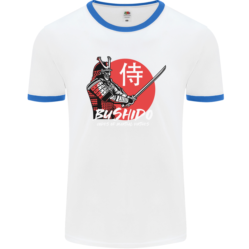 Bushido Samurai Warrior Sword Ronin MMA Mens White Ringer T-Shirt White/Royal Blue