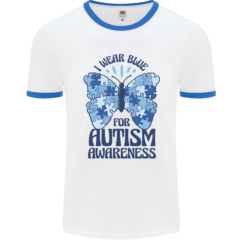 I Wear Blue For Autism Butterfly Autistic Mens White Ringer T-Shirt White/Royal Blue