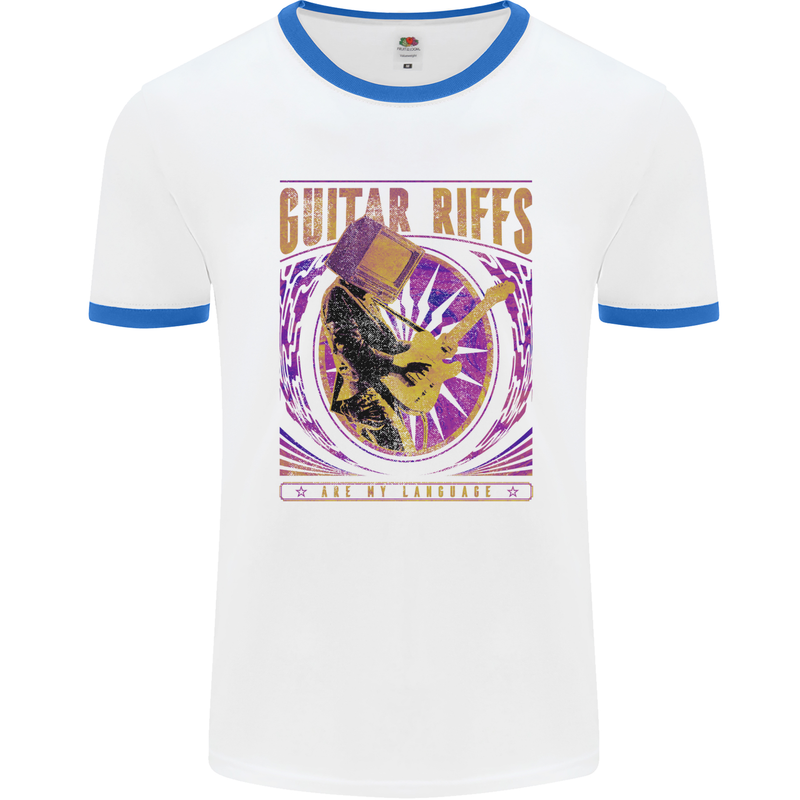 Guitar Riffs are My Language Mens White Ringer T-Shirt White/Royal Blue