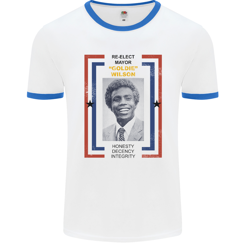 Re-Elect Mayor Goldie Wilson 80's Movie Mens White Ringer T-Shirt White/Royal Blue
