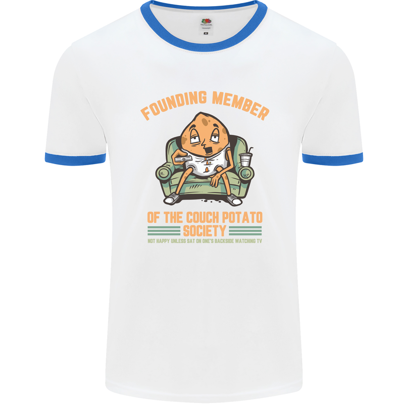 Funny Lazy Couch Potato Watchng TV & Movies Mens White Ringer T-Shirt White/Royal Blue