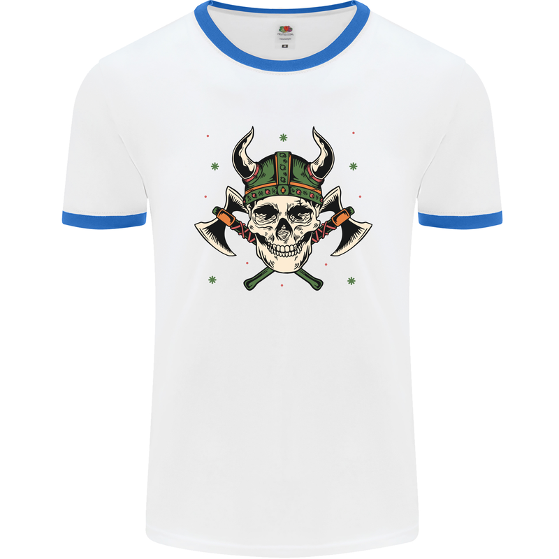 Viking Skull With Axes and Helmet Mens White Ringer T-Shirt White/Royal Blue