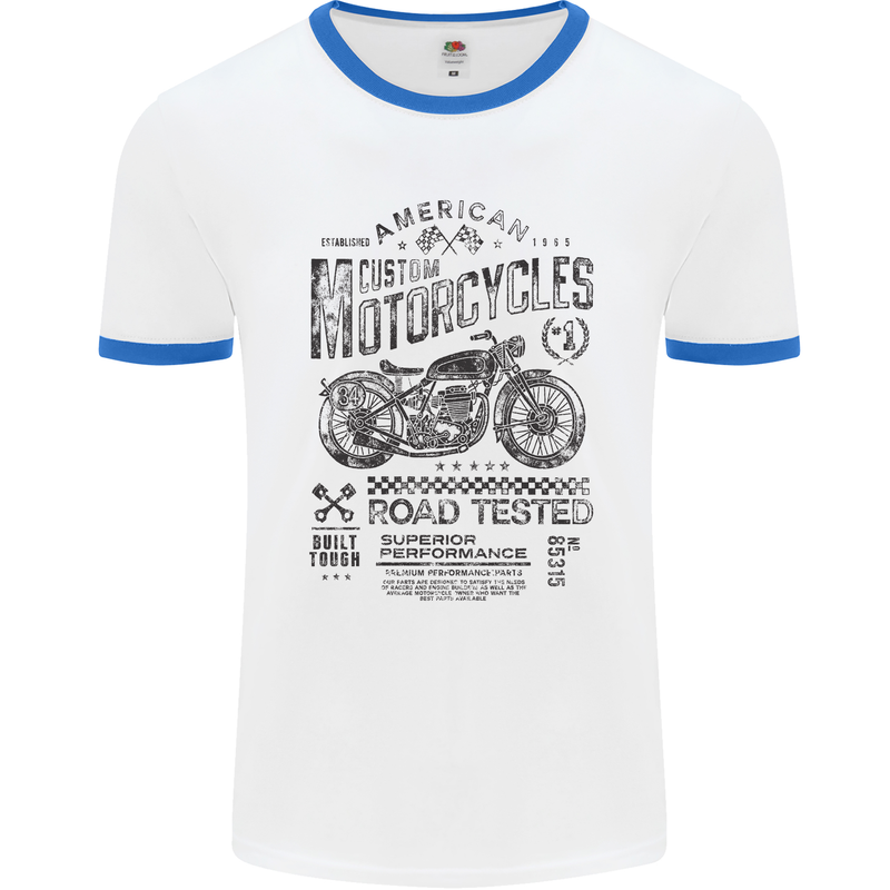 American Custom Motorbike Biker Motorcycle Mens White Ringer T-Shirt White/Royal Blue