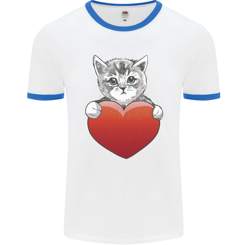 A Cute Cat With a Heart Love Valentines Day Mens Ringer T-Shirt White/Royal Blue