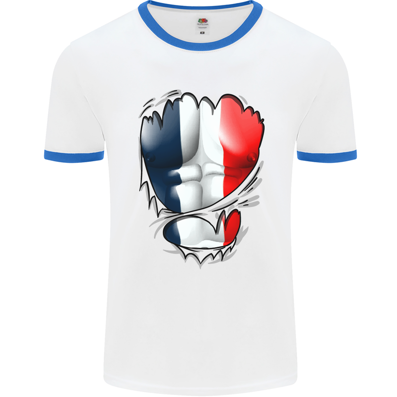 Gym French Tricolour Flag Muscles France Mens White Ringer T-Shirt White/Royal Blue