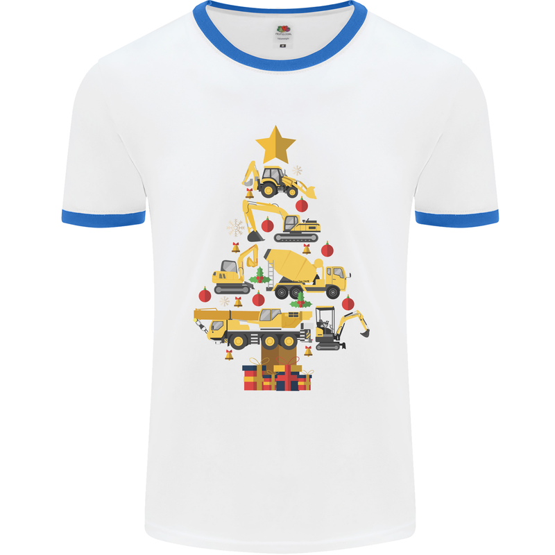 Construction Christmas Tree Digger Lorry Crane Mens White Ringer T-Shirt White/Royal Blue