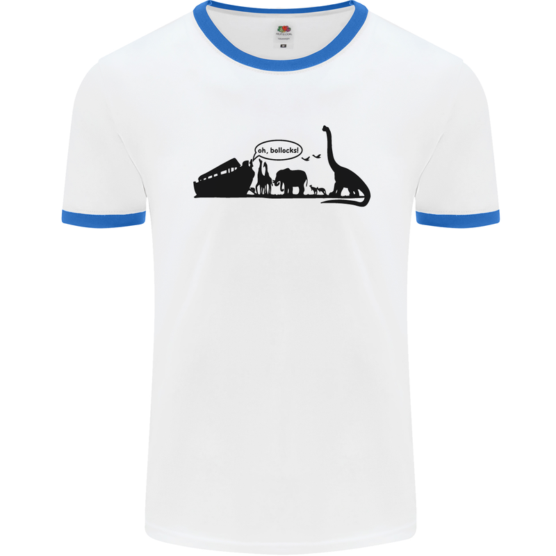 Noahs Ark Dinosaurs T-Rex Atheist Atheism Mens White Ringer T-Shirt White/Royal Blue