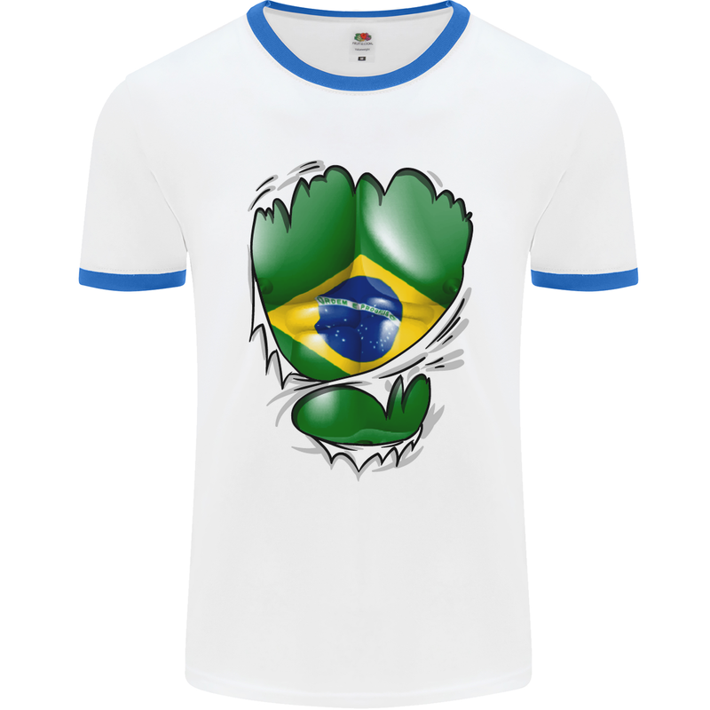 Gym Brazilian Flag Ripped Muscles Brazil Mens White Ringer T-Shirt White/Royal Blue