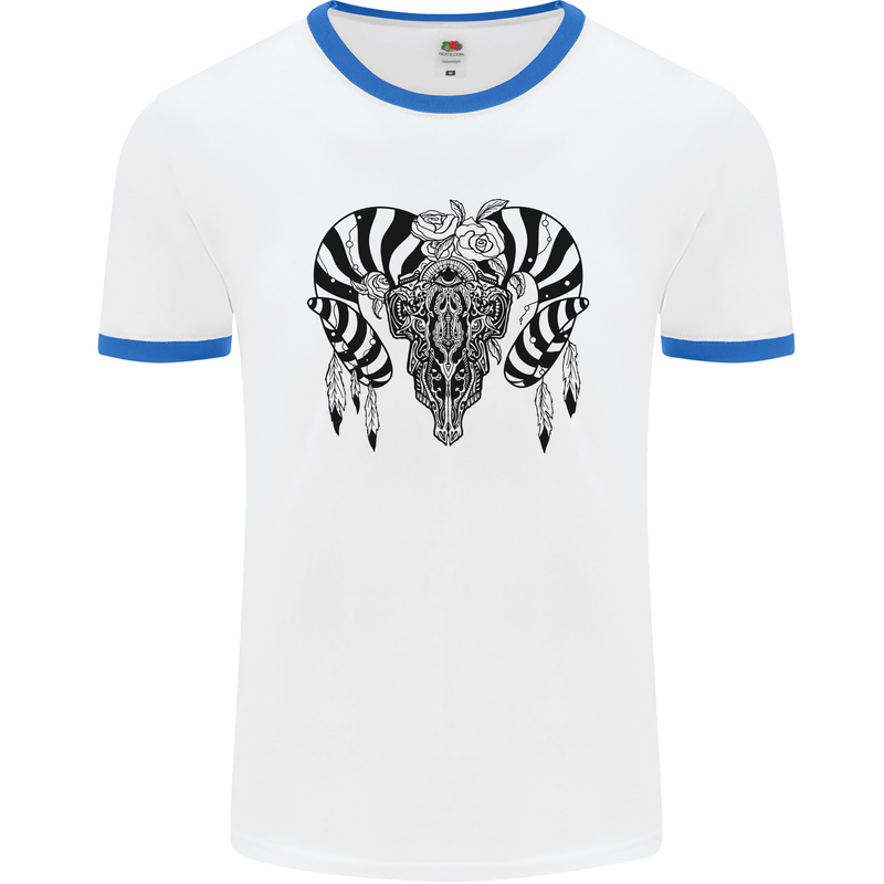 Tribal Bull Skull Buffalo Mens White Ringer T-Shirt White/Royal Blue