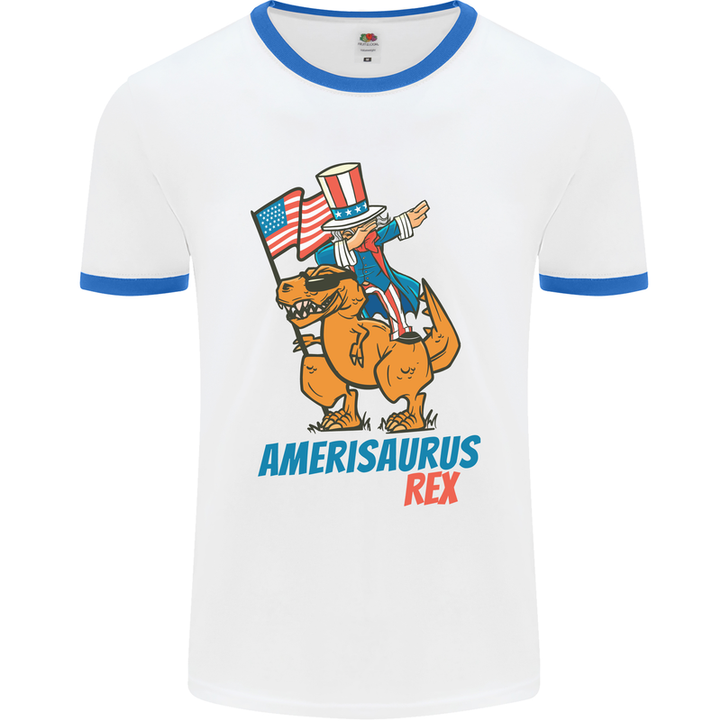 Amerisaurus T-Rex Dabbing Uncle Sam USA Mens White Ringer T-Shirt White/Royal Blue