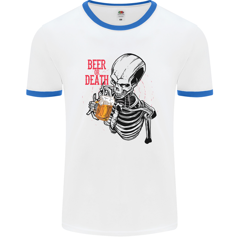 Beer or Death Skull Funny Alcohol Mens White Ringer T-Shirt White/Royal Blue