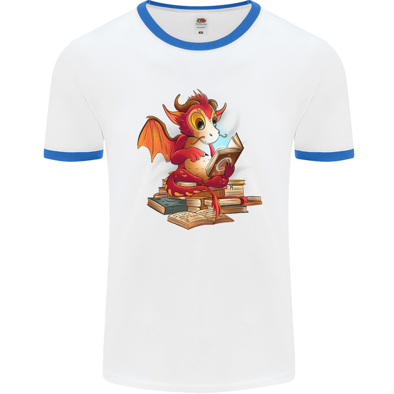 A Book Reading Dragon Bookworm Fantasy Mens Ringer T-Shirt White/Royal Blue