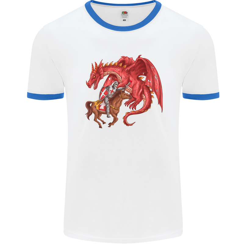 St. George Killing a Dragon Mens White Ringer T-Shirt White/Royal Blue