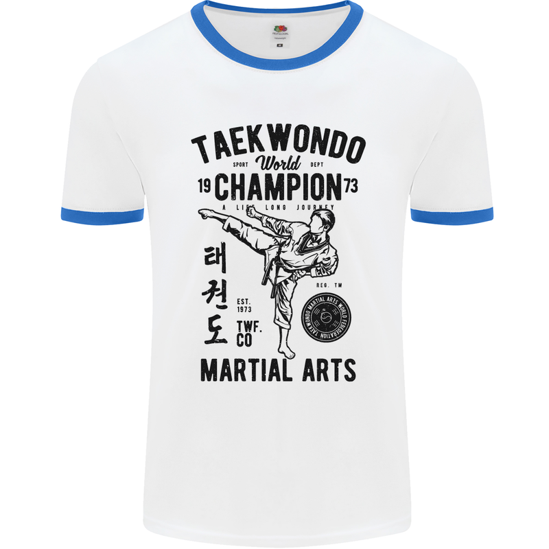 Taekwondo World Champion Martial Arts MMA Mens White Ringer T-Shirt White/Royal Blue