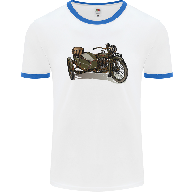 Motorcycle and Sidecar Biker Motorbike Mens White Ringer T-Shirt White/Royal Blue