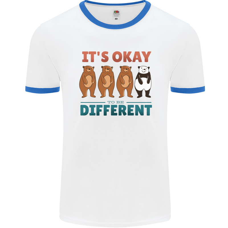 Panda Bear LGBT It's Okay to Be Different Mens White Ringer T-Shirt White/Royal Blue