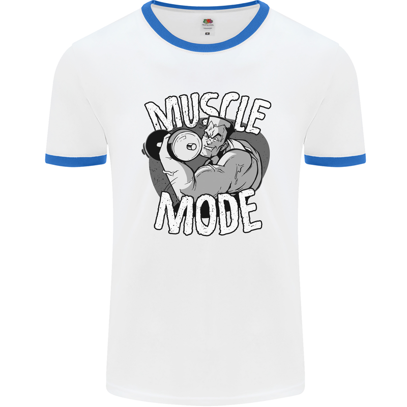 Gym Muscle Mode Bodybuilding Weightlifting Mens White Ringer T-Shirt White/Royal Blue