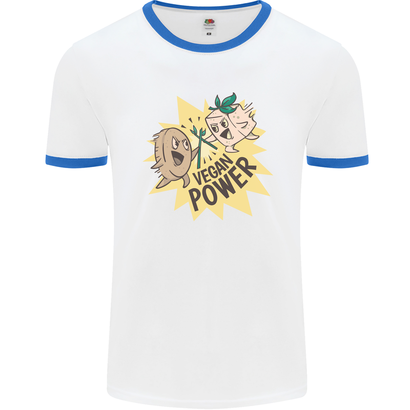 Vegan Power Funny Mens White Ringer T-Shirt White/Royal Blue