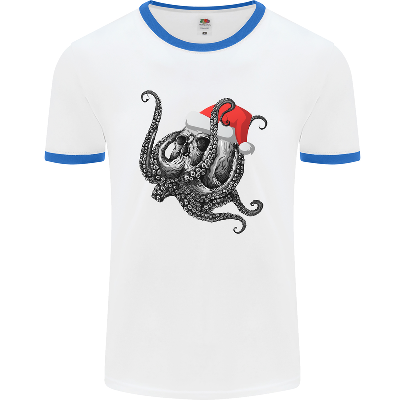 Christmas Cthulhu Skull Mens White Ringer T-Shirt White/Royal Blue