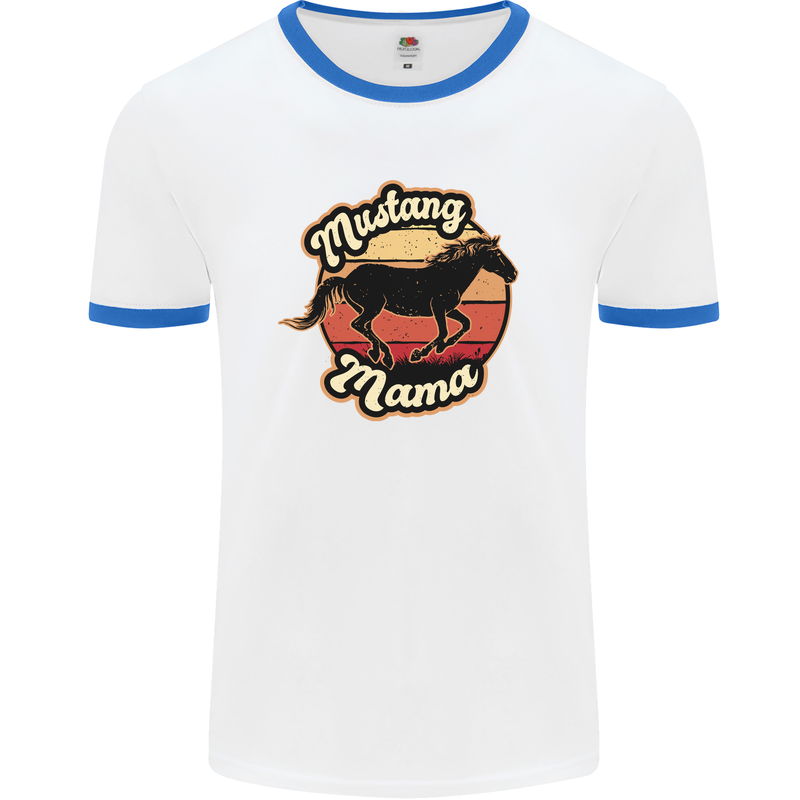 Mustang Mama Equestrian Horse Mens Ringer T-Shirt White/Royal Blue