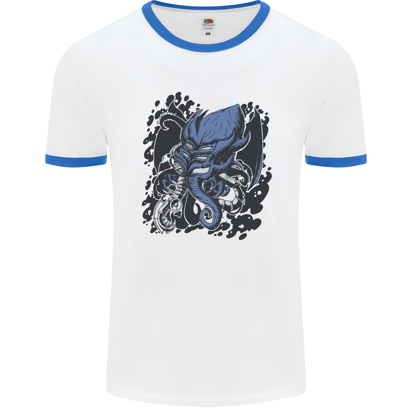 Cyberpunk Cthulhu Kraken Octopus Mens White Ringer T-Shirt White/Royal Blue