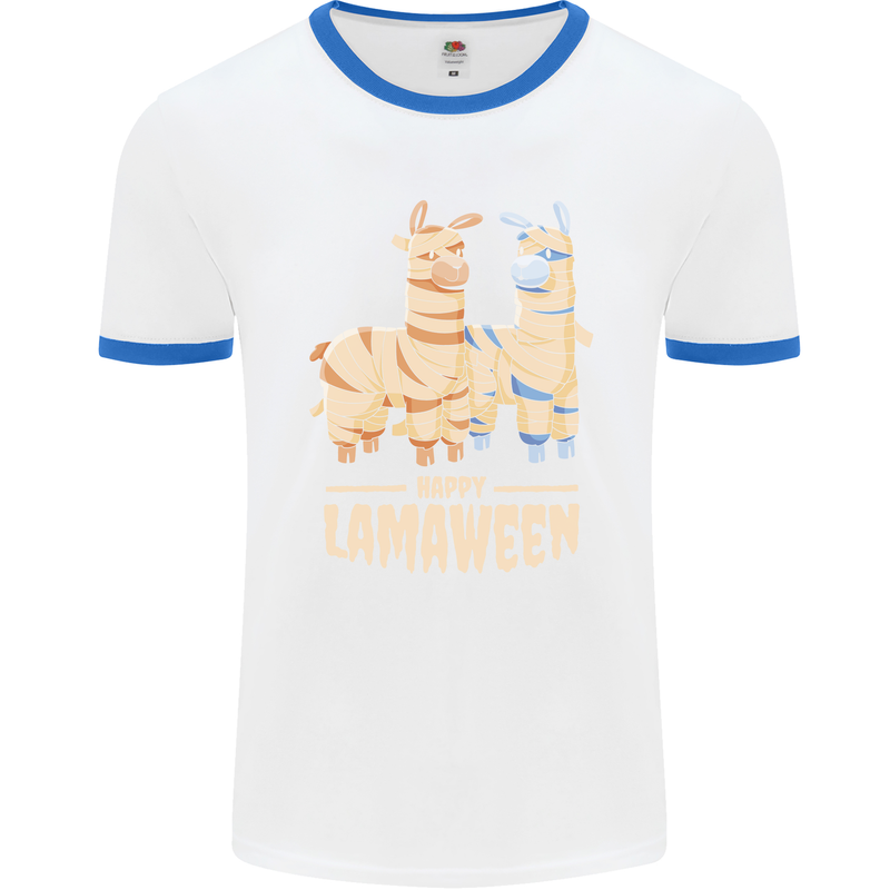 Happy Lamaween Funny Lama Halloween Mens White Ringer T-Shirt White/Royal Blue