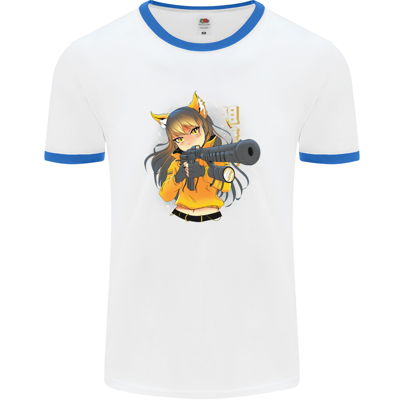 Anime Gun Girl Mens Ringer T-Shirt White/Royal Blue