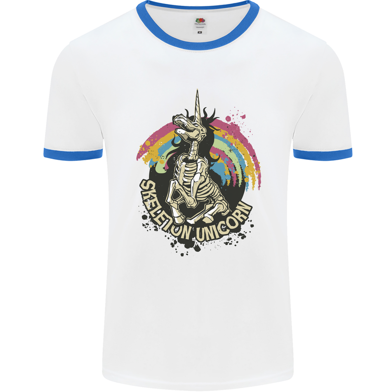 Skeleton Unicorn Skull Heavy Metal Rock Mens White Ringer T-Shirt White/Royal Blue