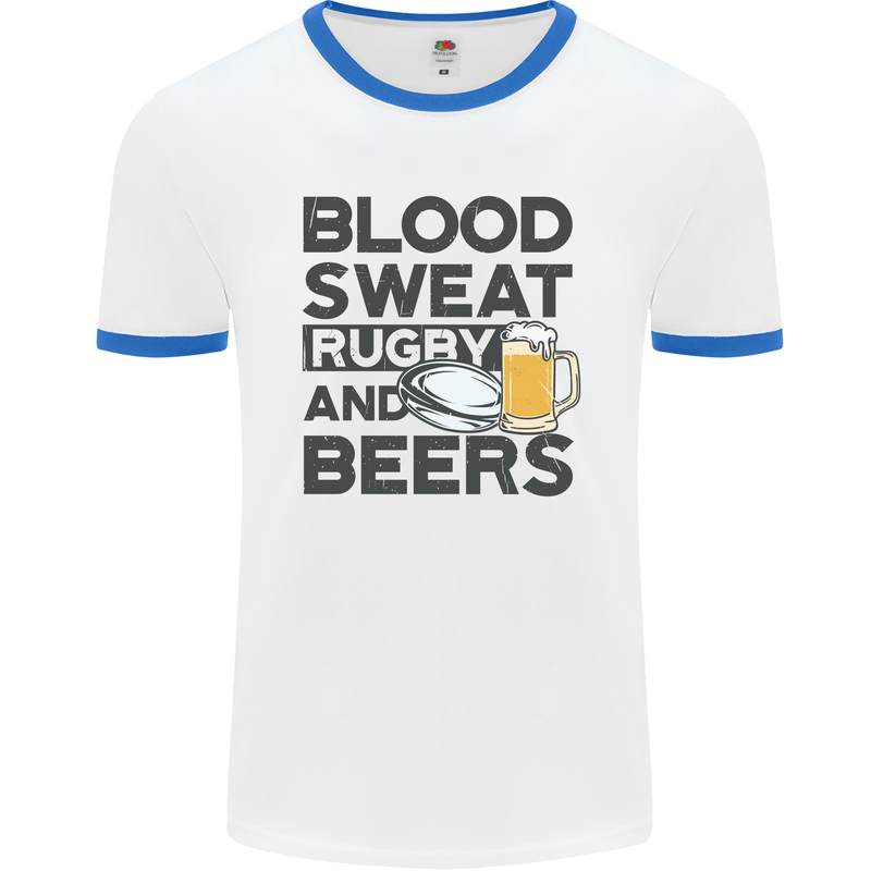 Blood Sweat Rugby and Beers Funny Mens White Ringer T-Shirt White/Royal Blue