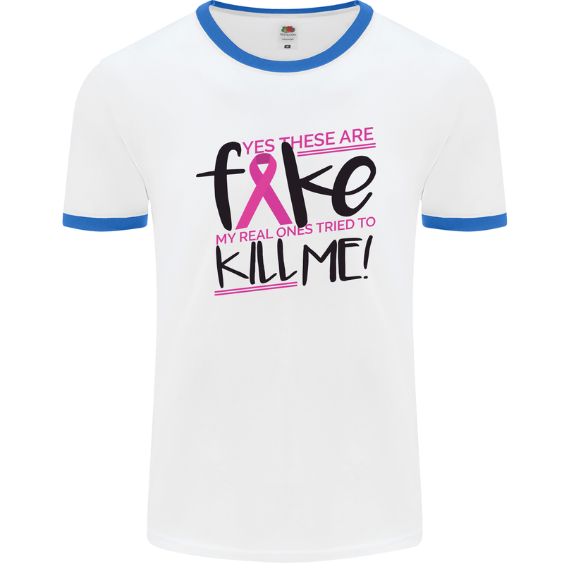 Breast Cancer Awareness Fake Boobs Mens Ringer T-Shirt White/Royal Blue