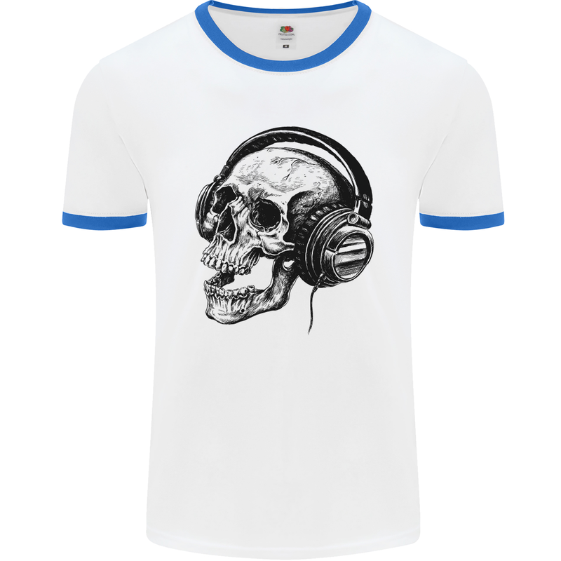 Skull Headphones Gothic Rock Music DJ Mens White Ringer T-Shirt White/Royal Blue