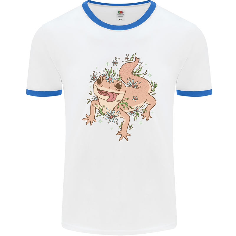 Gekko With Flowers Lizards Mens White Ringer T-Shirt White/Royal Blue