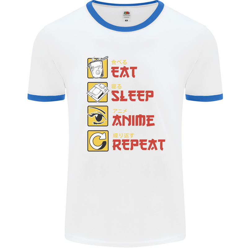 Eat Sleep Anime Repeat Mens Ringer T-Shirt White/Royal Blue