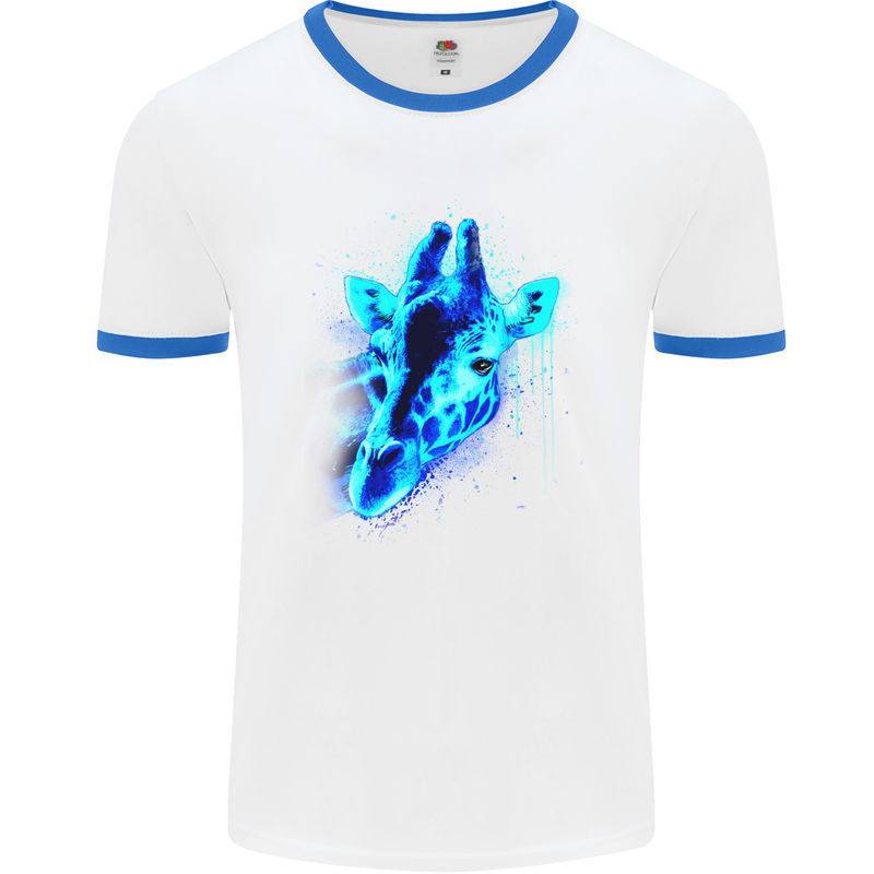 A Giraffe Watercolour Mens White Ringer T-Shirt White/Royal Blue