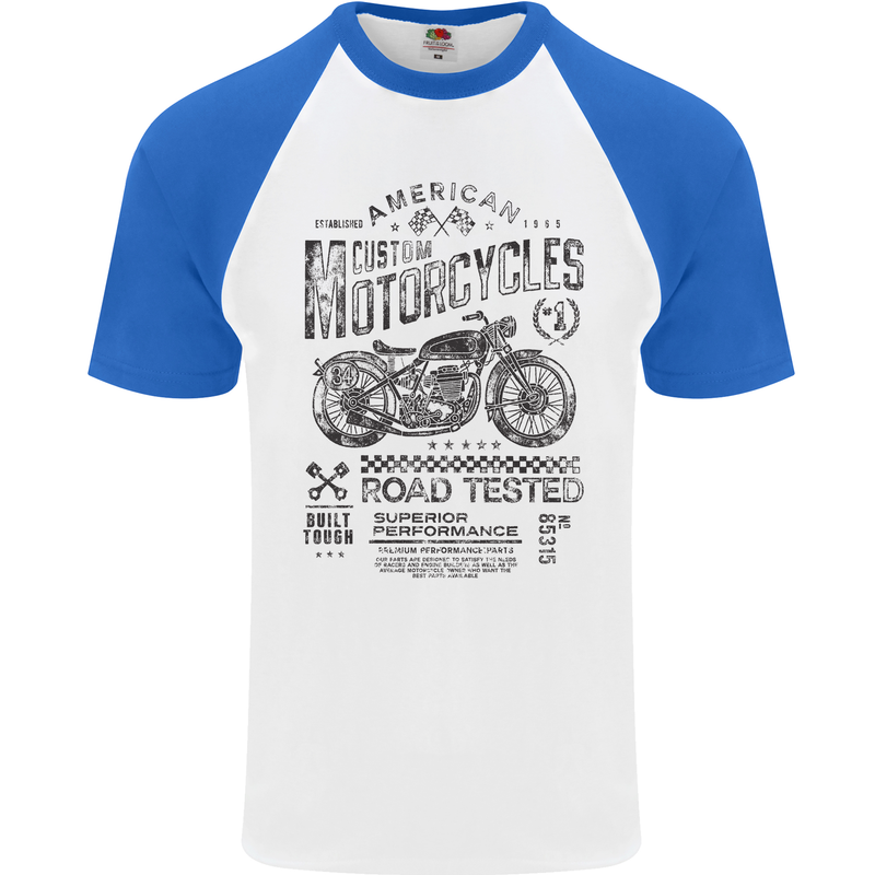 American Custom Motorbike Biker Motorcycle Mens S/S Baseball T-Shirt White/Royal Blue