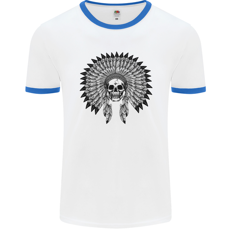 Indian Skull Headdress Biker Motorcycle Mens White Ringer T-Shirt White/Royal Blue