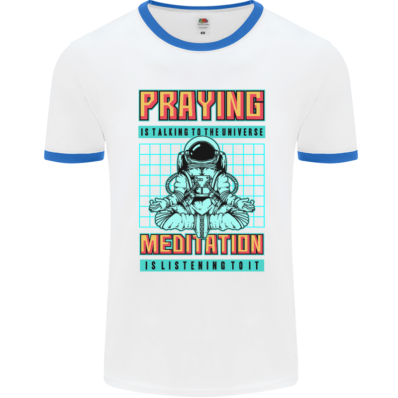 Praying and Meditation Space Universe Yoga Mens White Ringer T-Shirt White/Royal Blue