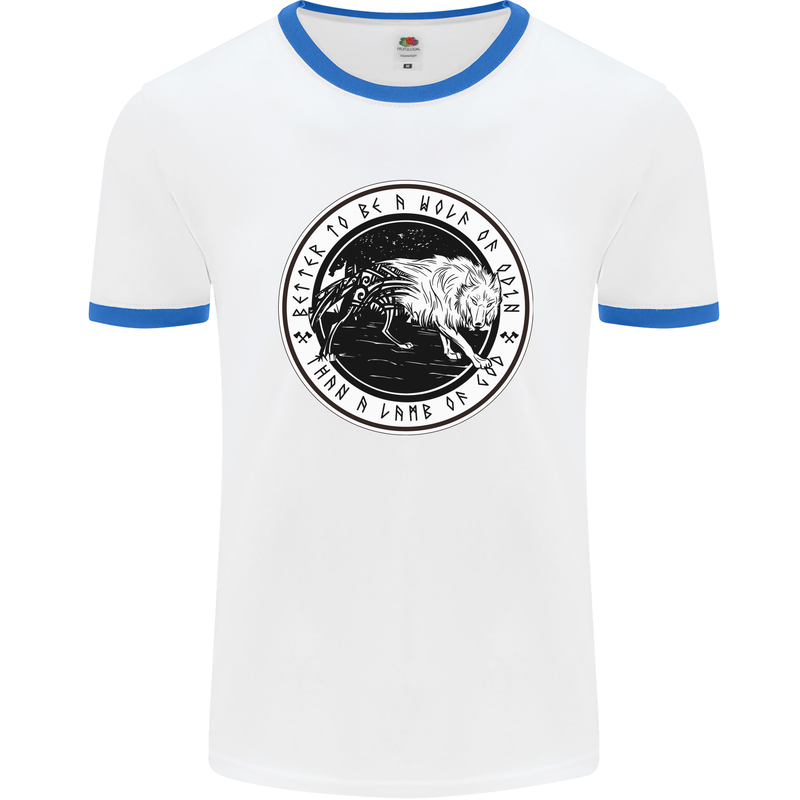 Viking a Wolf of Odin Than a Lamb of God Mens White Ringer T-Shirt White/Royal Blue