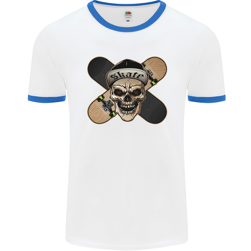 Skateboard Skull Skateboarding Mens White Ringer T-Shirt White/Royal Blue