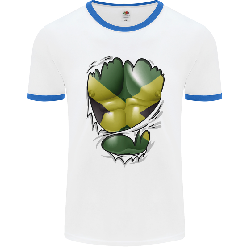 The Jamaican Flag Ripped Muscles Jamaica Mens White Ringer T-Shirt White/Royal Blue