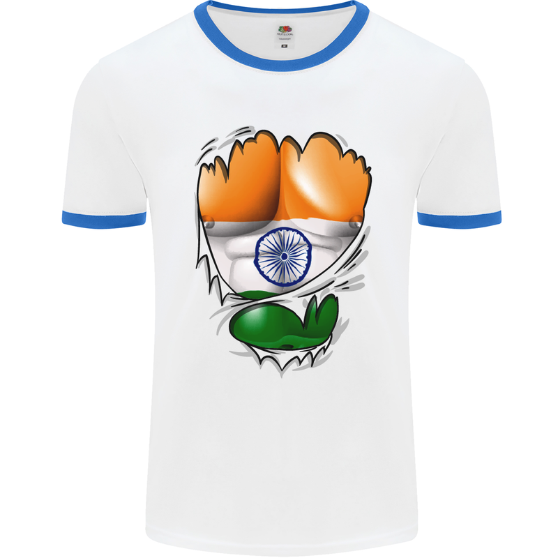 Gym The Indian Flag Ripped Muscles India Mens White Ringer T-Shirt White/Royal Blue