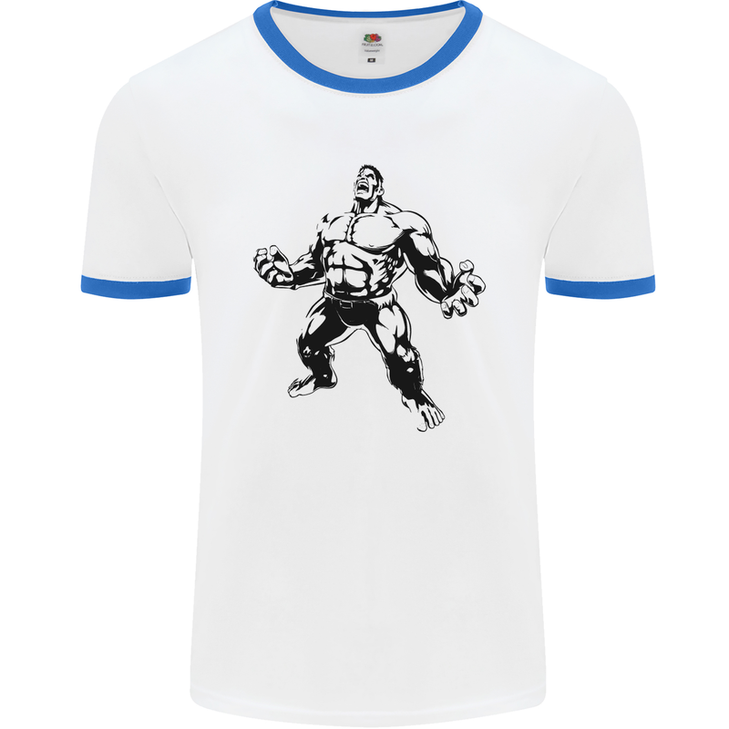 Muscle Man Gym Training Top Bodybuilding Mens White Ringer T-Shirt White/Royal Blue