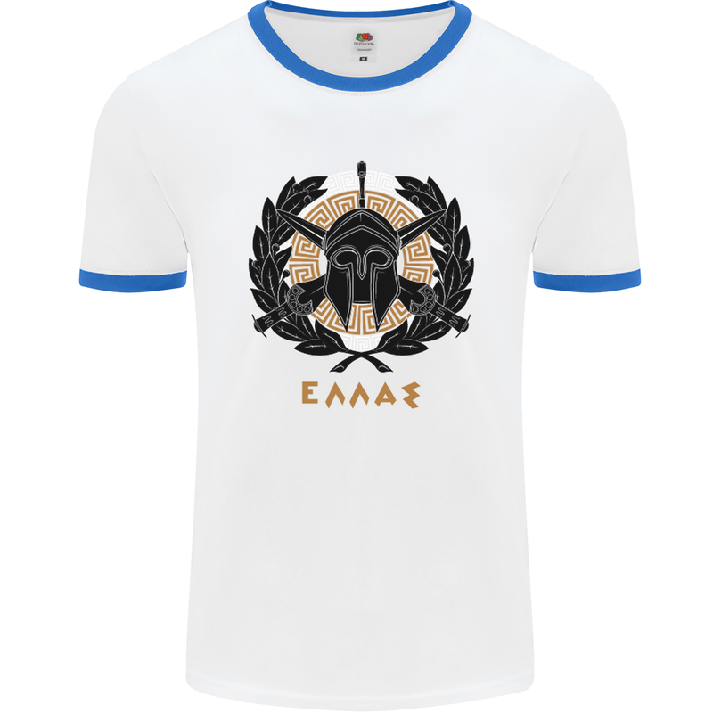 Greek Helmet Gym Training Top Spartan MMA Mens White Ringer T-Shirt White/Royal Blue