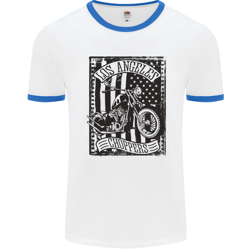 LA Choppers Motorcycle Motorbike Biker Mens White Ringer T-Shirt White/Royal Blue