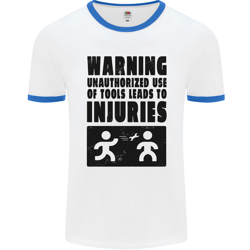 Warning Tools DIY Tradesman Carpenter Mens White Ringer T-Shirt White/Royal Blue