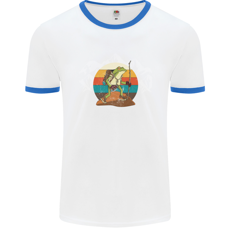 A Frog Hiking in the Mountains Trekking Mens White Ringer T-Shirt White/Royal Blue