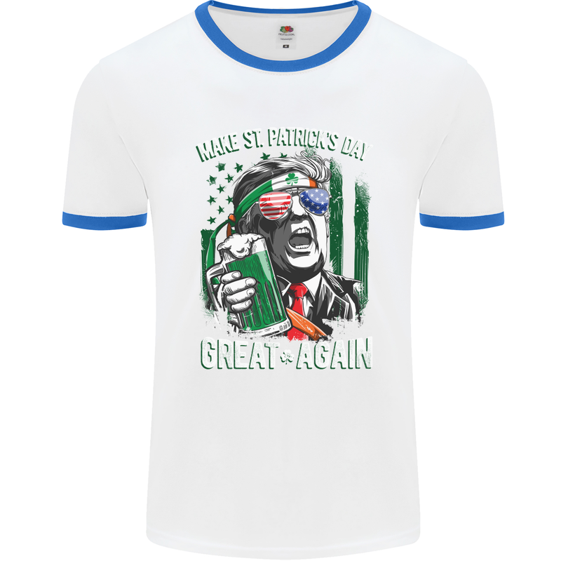 St Patricks Day Great Again Donald Trump Mens White Ringer T-Shirt White/Royal Blue